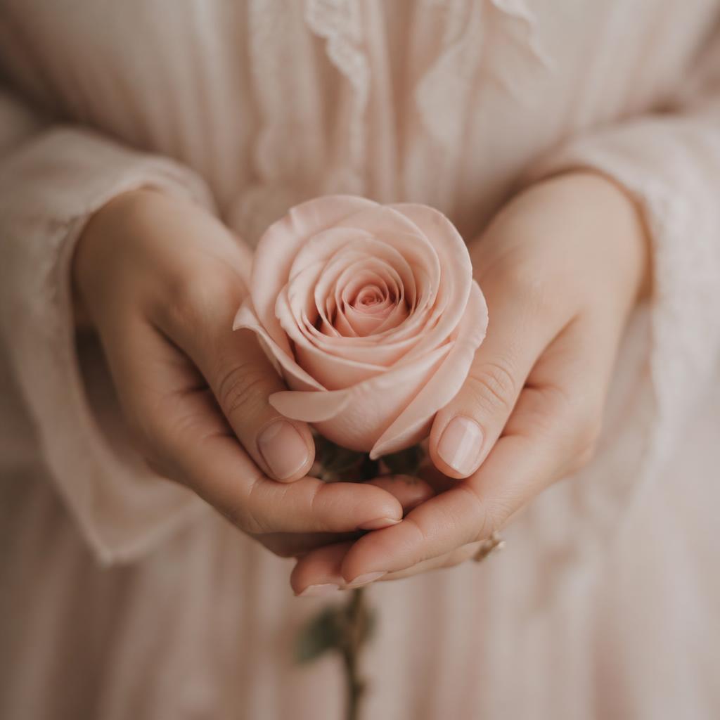 Two hands holding a single blush rose