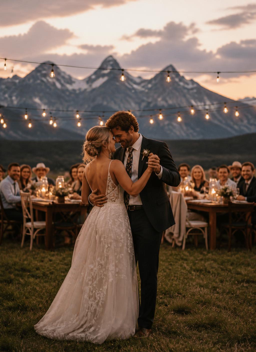Couple dancing in a Wyoming mountain meadow at dusk