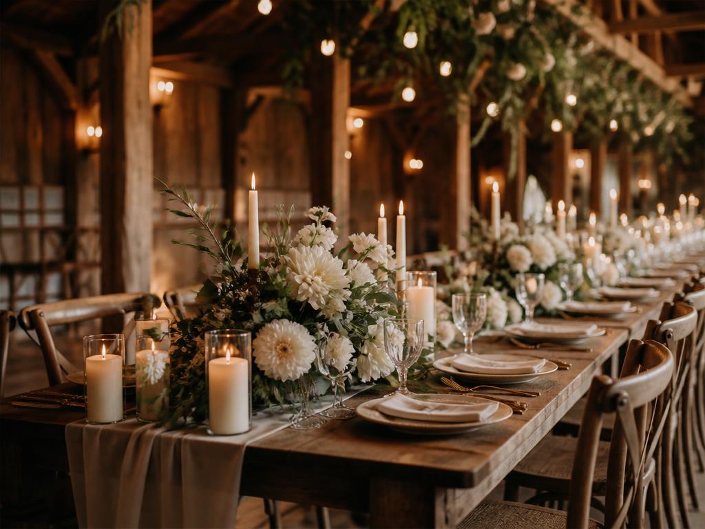 Farmhouse reception table in a timber Idaho barn
